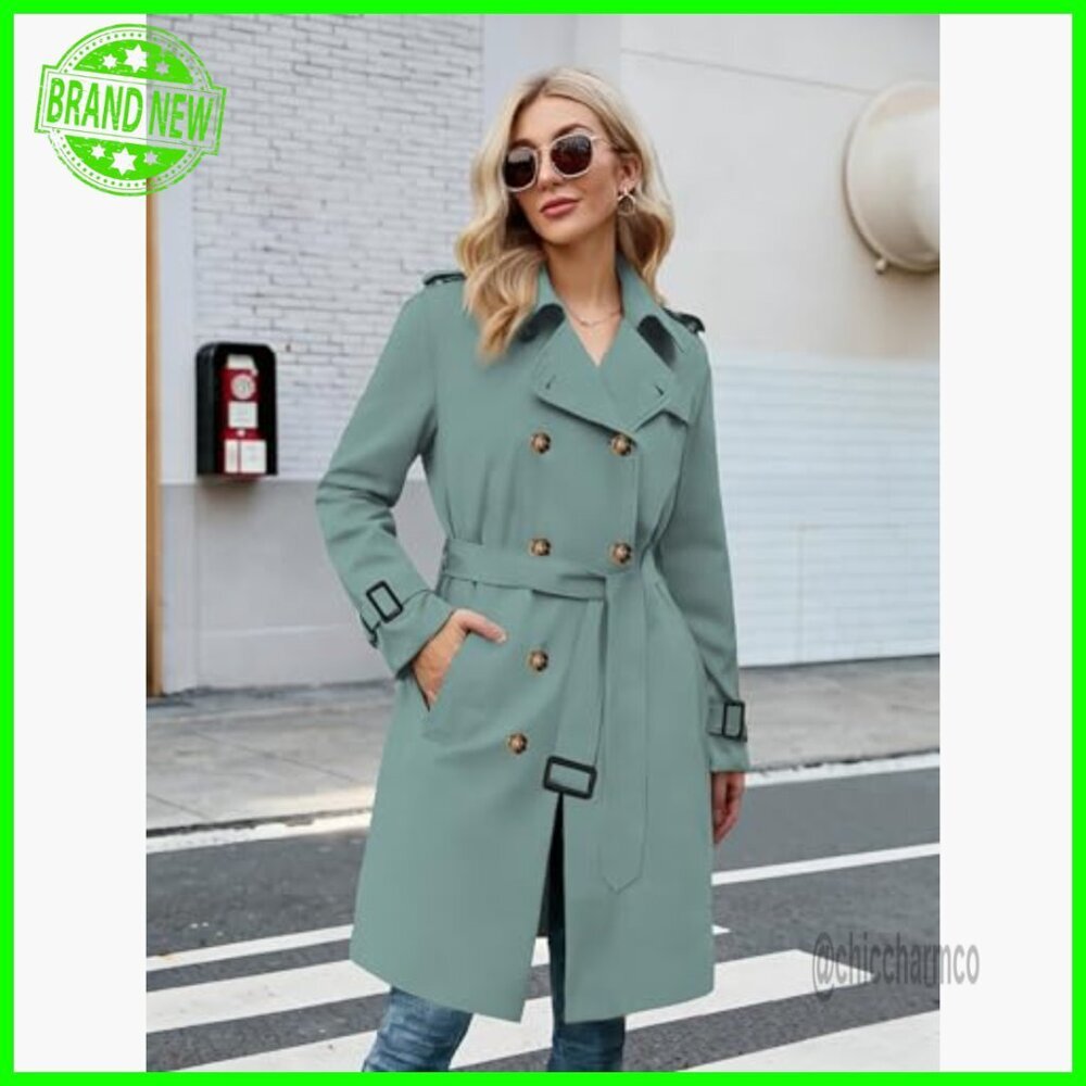 Waterproof Double Breasted Trench Coat with Belt, Fitted Polyester - Picture 2 of 7